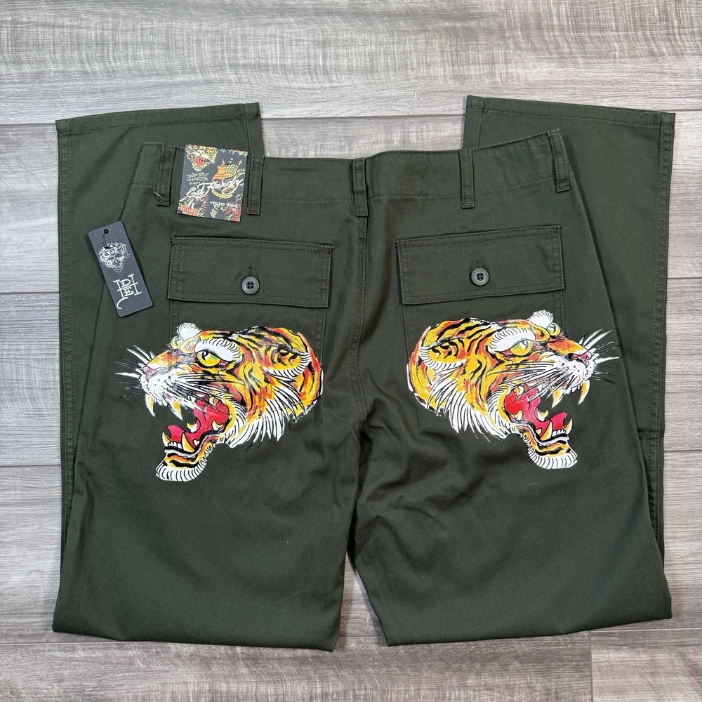 Ed Hardy Men's Screaming Tiger Straight Pants Utility Y2K Olive Size 32 NEW - Picture 1 of 8
